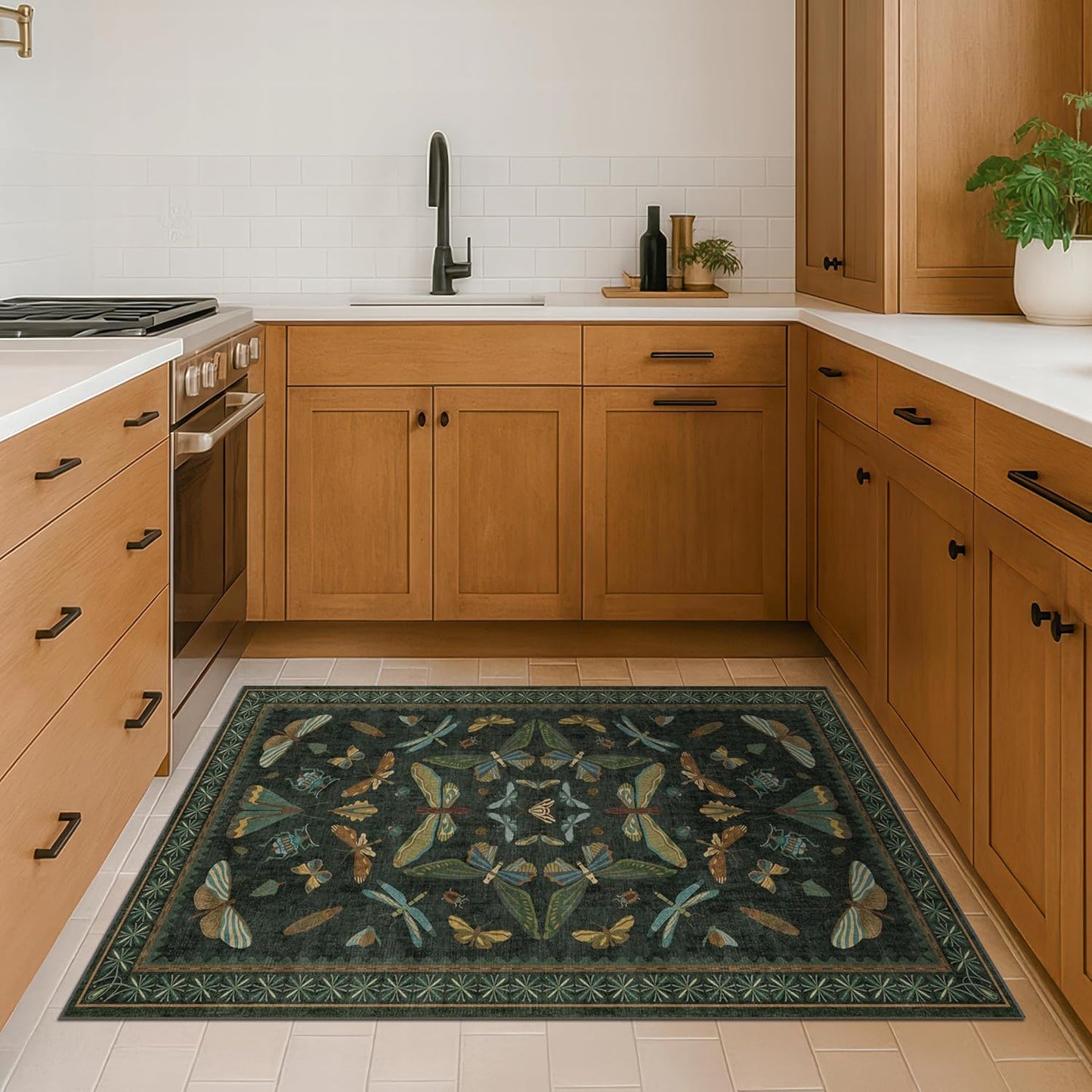 Green and Black Entryway Rug - 3x5 Throw Rug for Large Kitchen, Entry Way, Mudroom, Dark Unique Insect Print, Washable Low Pile Floor Carpet