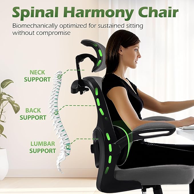 Office Chair Ergonomic Desk Chairs with Adjustable Lumbar Support& Headrest Hanger, High Back Breathable Mesh Chair with Wheels, Rolling Swivel Comfy Task Computer Chair for Home Work Gaming