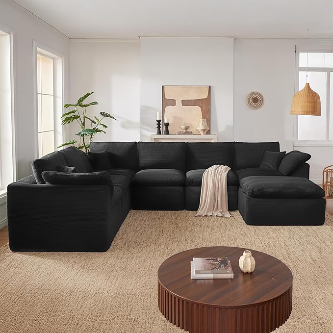 143" Cloud Sectional Couch, Boneless couches for Living Room, 7 Seater Large Modular Sectional Sofa with Deep Seat, Comfy Soft Cushions, No Assembly, Black