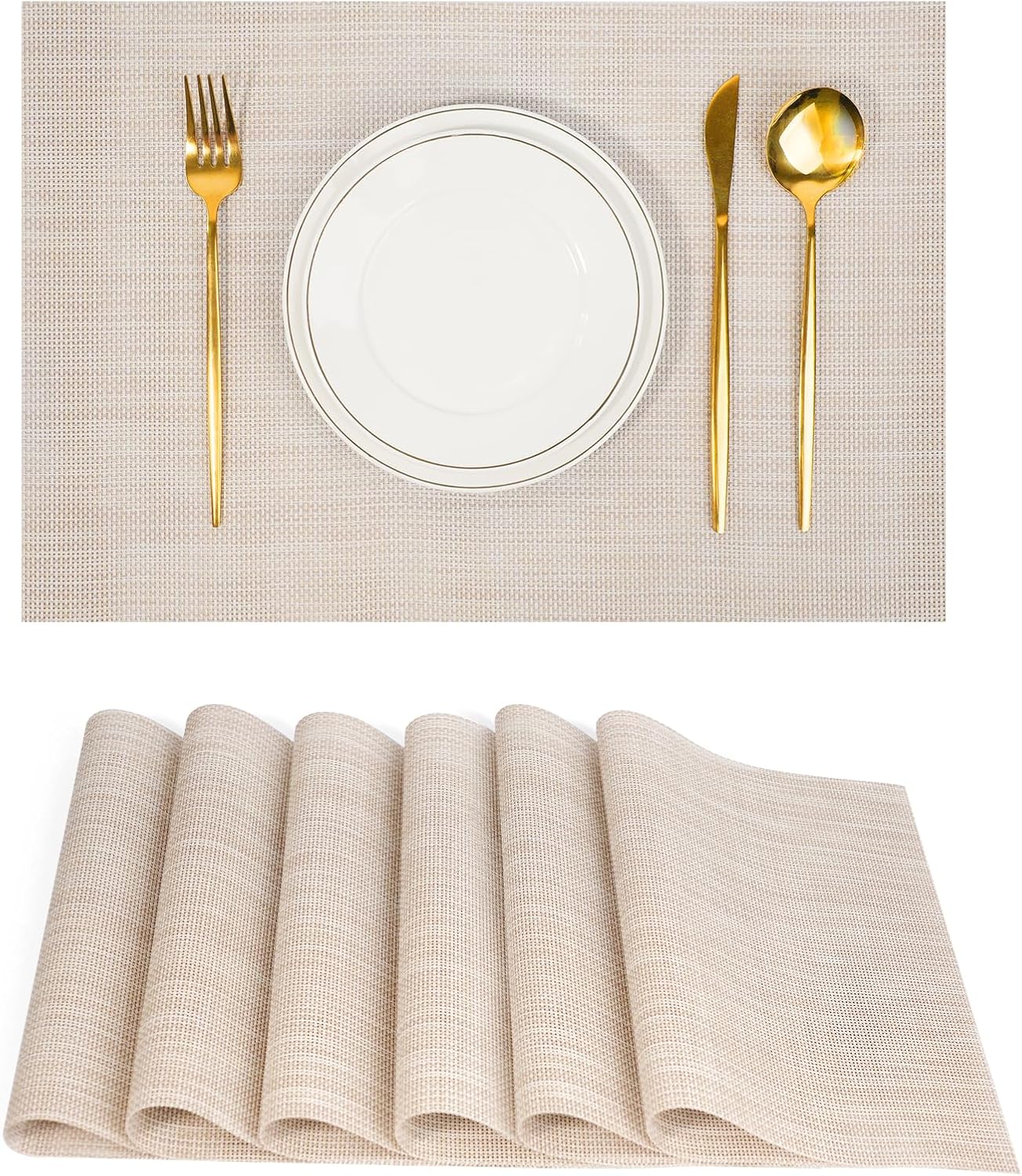 Placemats Set of 6，Non-Slip PVC Weave Table Mats Easy to Clean，Heat Resistant Place Mats for Kitchen Dining Table Decoration Indoor Outdoor，Beige White