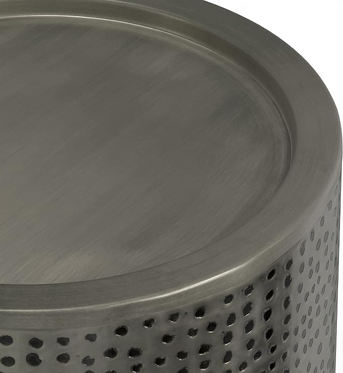 SIMPLIHOME Corbin 16 inch Wide Metal Side Table in Hammered Antique Silver, Round Drum Design End Table for Living Room, Family Room, or Entryway, Industrial Style, Assembled