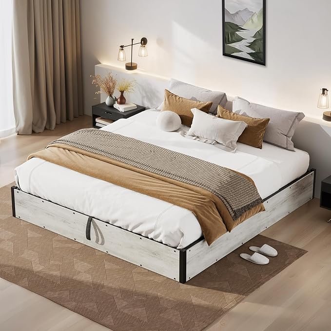 Lift Up Storage Bed Frame, Queen Size Wooden Platform Bed with Large Storage Underneath, No Box Spring Needed, Noise Free, Distressed White