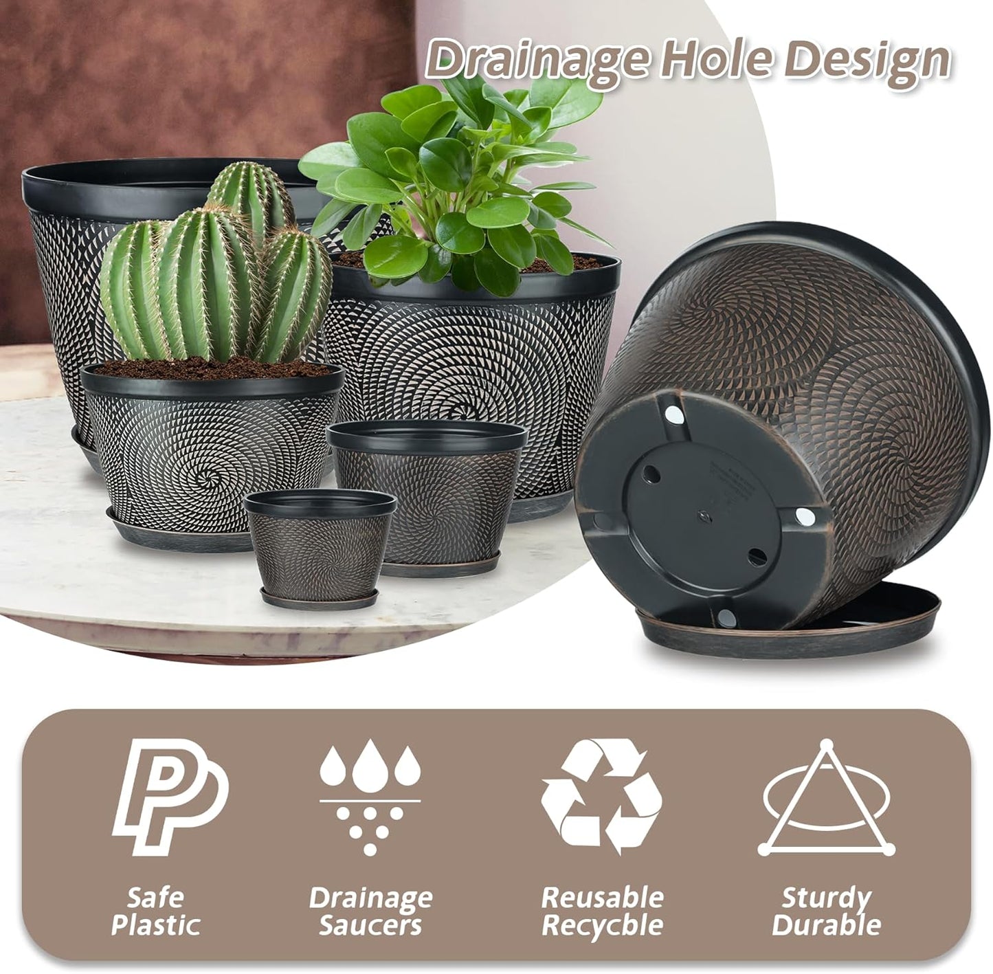 Quarut 15 Inch 4 Pack Large Plant Pots, Plastic Flower Pot for Indoor & Outdoor with Drainage Holes & Saucer, Circle Pattern Planters Garden Pots for Herbs