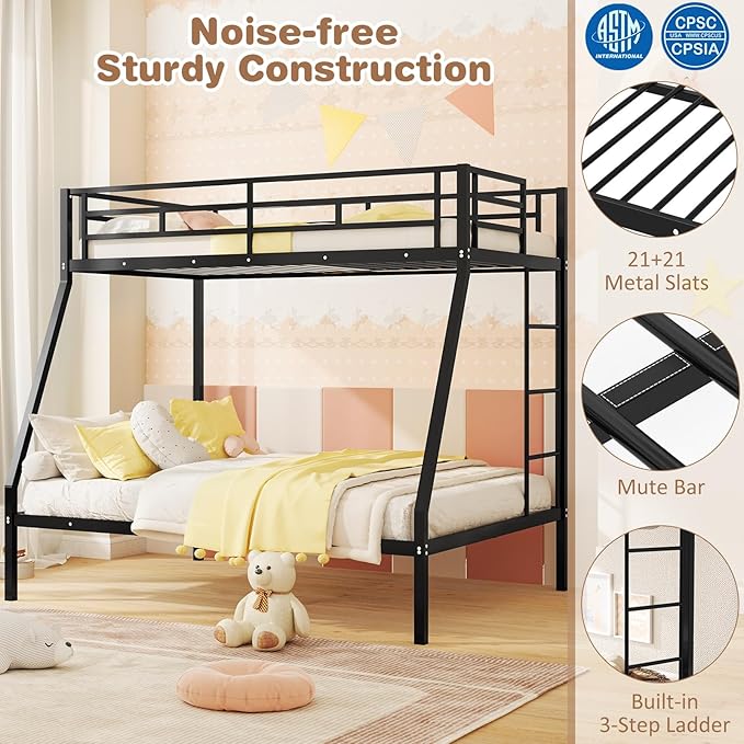 Giantex Metal Bunk Beds Twin Over Full Size, Heavy Duty Loft Bunk Bed with Ladder & Guardrail, Space Saving Bunk Bed for Dorm Apartment, Teens & Adults, Noise-Free, No Box Spring Needed, Black