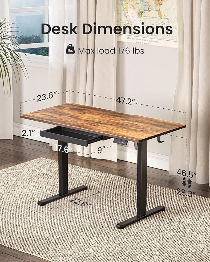 FEZIBO Electric Standing Desk with Drawers, 48 x 24 Inch Height Adjustable Desk with 3 Memory Presets, Sit Stand Up Desks for Home Office, Rustic Brown