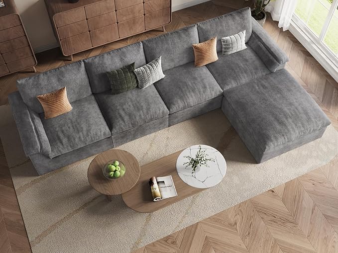 EASE MOOSE Oversized Cloud Couch Sectional Sofa, L-Shaped Large Modular Couch for Living Room, Minimalist Boneless Convertible Couches with Ottoman, 5-Seat Deep Sofas for Bedroom, Chenille (Grey)