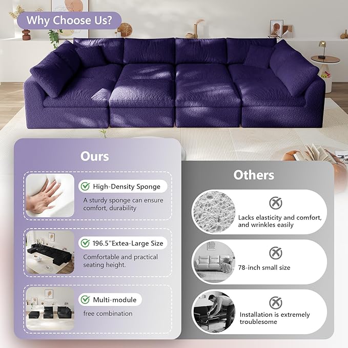 Boneless Cloud Couch Modular Sectional Sofa with Deep Seat for Living Room, L Shape Couch with Ottoman, Snowflake Cloth and 40D Memory Sponge，2 Throw Pillows (Purple, 6 Seater+2 Ottoman)