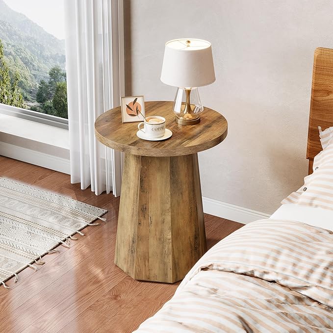 Tribesigns Farmhouse Round End Table, Wooden Couch Side Table with Octagonal Base, Rustic Brown Nightstand Pedestal Accent Furniture for Living Room, Bedroom (1)