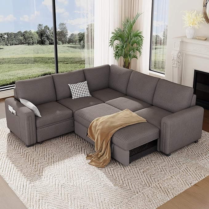 Vesgantti 88.4" Sleeper Sectional Couch with Pull Out Bed, 5 Seater L Shaped Modular Sectional Sofa with Storage, Comfy Corduroy Modular Sofa for Living Room, Bedroom, Apartment, Light Coffee
