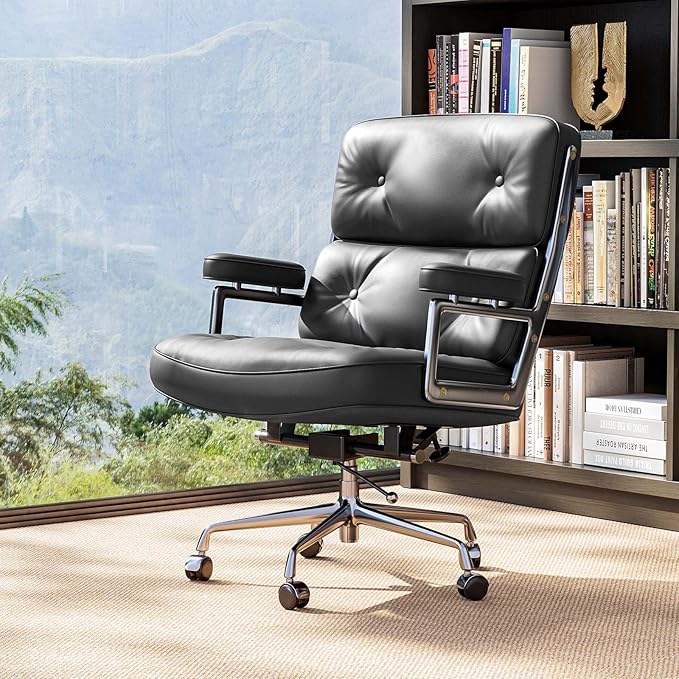 Genuine Leather Office Chair, Mid Back Executive Desk Chairs with Aluminum Arms and Wheels, Swivel Office Leather Chair with Thickened Backrest and Ergonomic Lumbar Support, Black