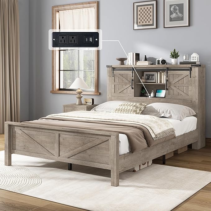 AMERLIFE Farmhouse Full Bed Frame with Storage Headboard & Charging Station, Rustic Wood Platform Bed with Barn Door Bookcase, No Box Spring Needed, Light Grey Bedroom Furniture