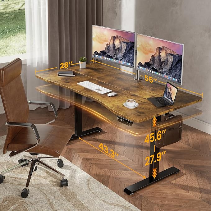 Veken 55 x 28 Inch Electric Standing Desk, Sit to Stand Up, Work Home Office Computer Table for Study, Walking Pad, Writing, and Games, Wooden Desktop Desks, Brown