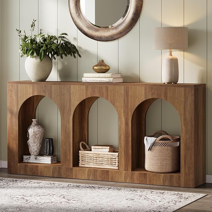 Tribesigns 70.9" Console Table with Storage, Wood Entryway Entry Table with 3 Arched Shelves for Foyer, Hallway, Living Room, Behind Couch Sofa, Narrow Long, Brown