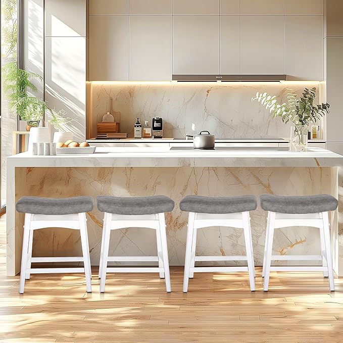 ALPHA HOME Bar Stools Set of 3, Solid Wood Saddle Kitchen Stools with Grey PU Leather Cushion Counter Height Barstools with Wooden Base for Kitchen Dining Cafe, 24 Inch, Grey, 3PCS