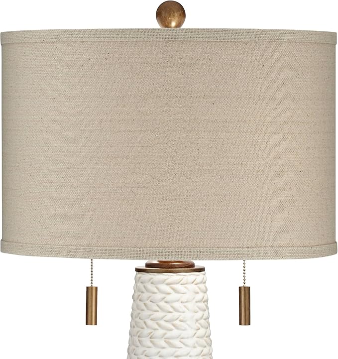 Possini Euro Design Kingston Mid Century Modern Table Lamp 32 3/4" Tall White Grooved Patterned Ceramic Taupe Drum Shade for Bedroom Living Room House Bedside Nightstand Home Office Entryway Family