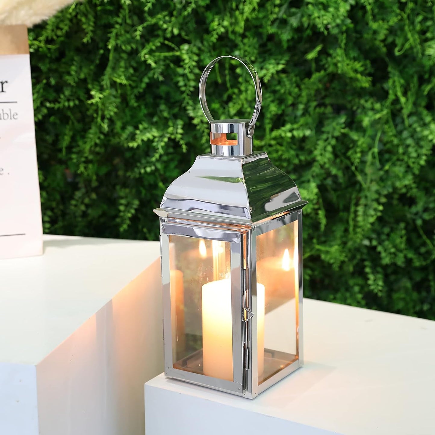 JHY DESIGN Silver Decorative Lanterns 12.5''High Stainless Steel Candle Lanterns with Tempered Glass for Indoor Outdoor Events Parities and Weddings Vintage Style Hanging Lamps