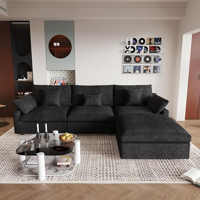 JACH L-Shaped Sectional Couches for Living Room, Cloud Sectional Couch with Deep Seat, Modular Sectional Sofa with Chaise, Covers Removeable & Washable, Sofas Furniture for Living Room, Black