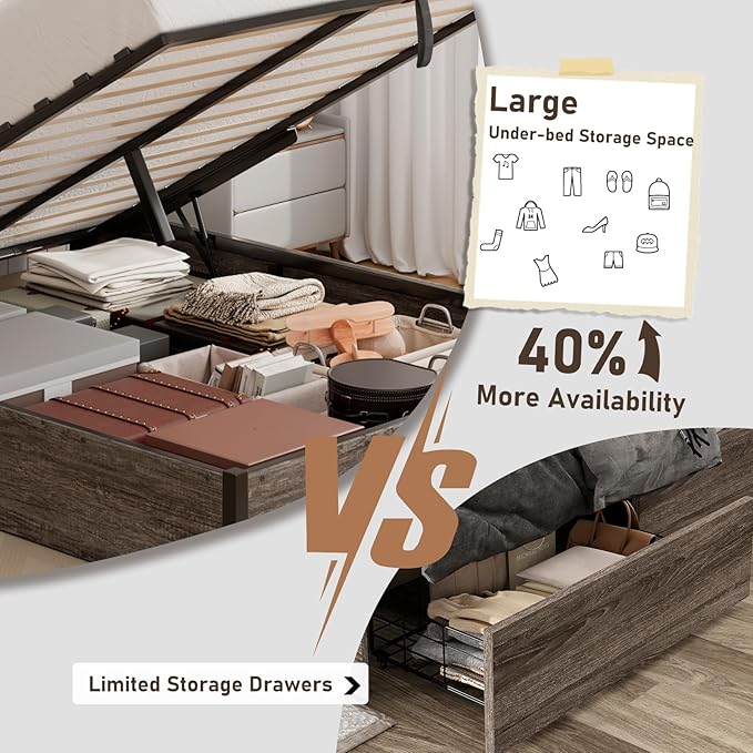 Lift Up Storage Bed Frame, Full Size Wooden Platform Bed with Large Storage Underneath, No Box Spring Needed, Noise Free, Rustic Grey
