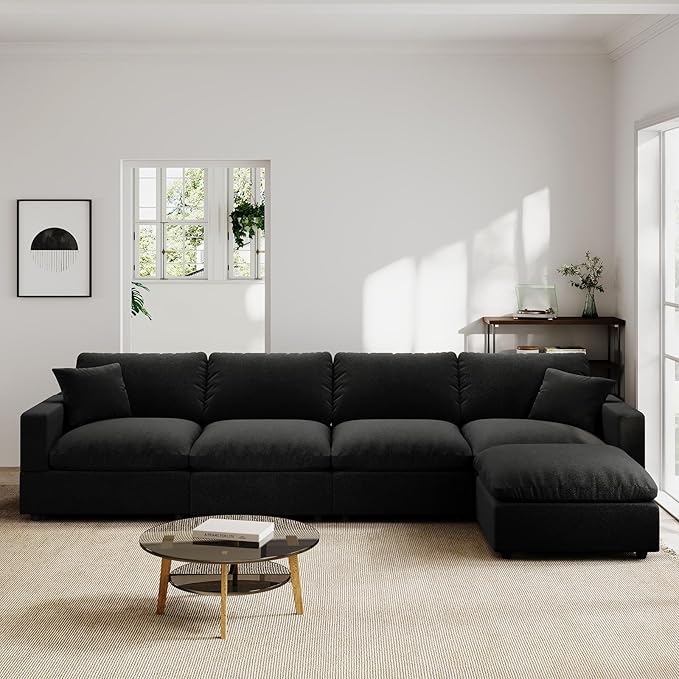Modern Sectional Linen Couch for Living Room L-Shape Sofas,5 Seat Modular Cloud Sofas,Couches Cushion Covers Removable,Cozy Feather Down Sofa for Apartment Black