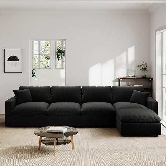Modern Sectional Linen Couch for Living Room L-Shape Sofas,5 Seat Modular Cloud Sofas,Couches Cushion Covers Removable,Cozy Feather Down Sofa for Apartment Black