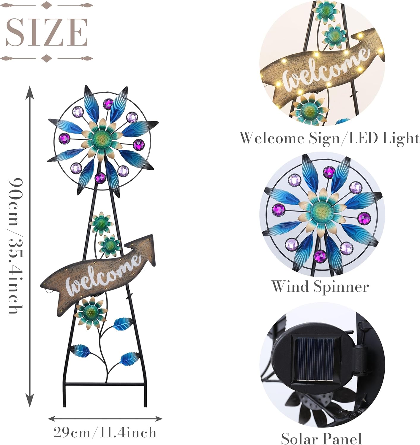 TERESA'S COLLECTIONS Peacock Garden Solar Stake, Wind Spinner Yard Art Sign for Outdoor Decor, Metal Purple Floral Windmill Decorative Garden Stake for Lawn Ornaments, Gifts for Mom, 37''