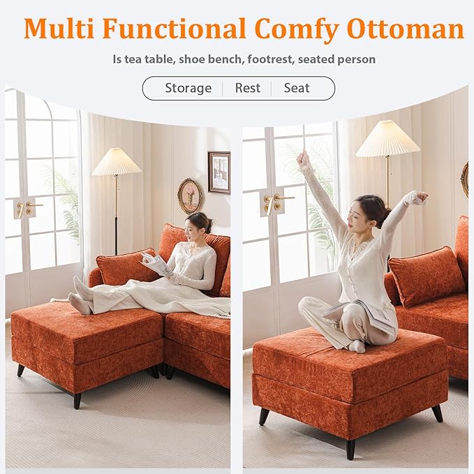 135'' Modular Sectional Sofa with All Seats Storage, Oversized L Shaped Couch for Living Room,4-Seater Comfy Cloud Couches with Movable Ottoman,Big Sectional for Bedroom,Velet,Orange