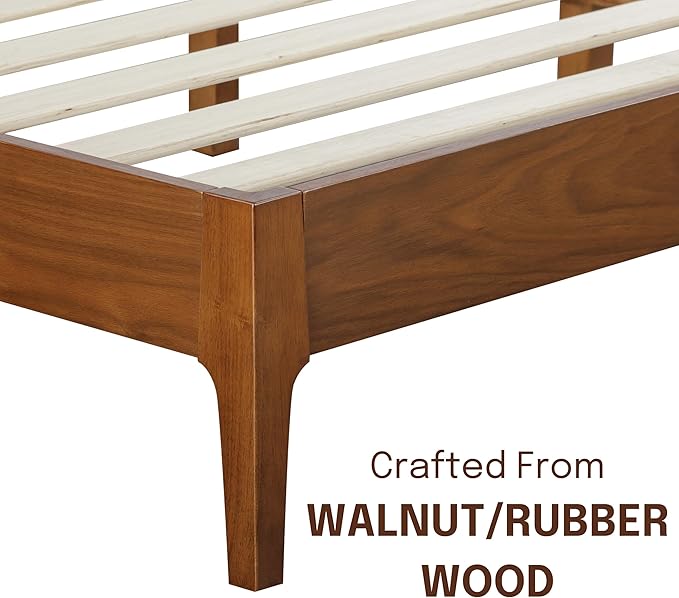 NTC Ruby Wooden Bed Frame with Headboard, Crafted from Walnut, Rubber Wood with Silent Slats and Wood Central Supports, 1000 Lb Capacity, Effortless Assembly, Queen - Dark Walnut