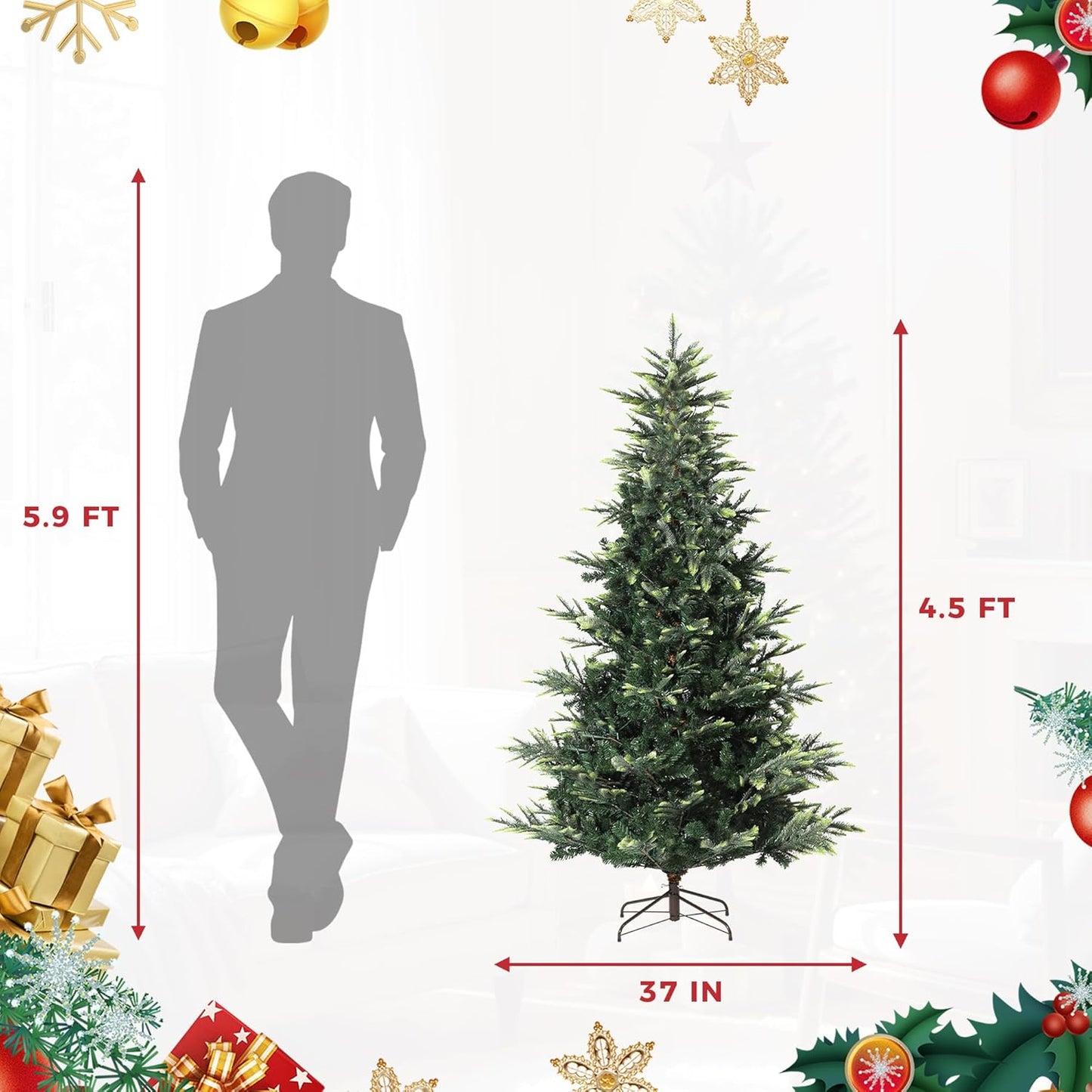 GarveeHome 4.5 FT Artificial Pre-lit Mini Christmas Tree, Green PVC Christmas Tree with 250 Warm White Lights for Home, Office, and Xmas Party Décor, Includes Stand