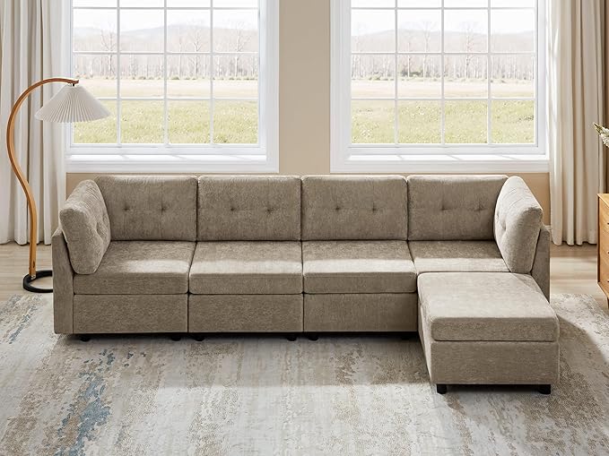 VANOMi 4 Seat Modular Cloud Sofa with Ottoman, 118" Modular Sectional Sofas & Couches for Living Room, Cozy Chenille Cloud Sectional Couch Sofas for Living Room, Apartment, Office, Camel, L Shaped