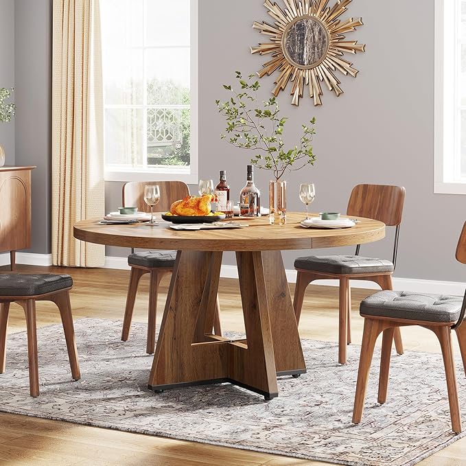 Tribesigns Round Dining Table for 4, 47 inch Farmhouse Circle Kitchen Table with Wooden Pedestal Base for Kitchen, Dining Room, Living Room (Wood)