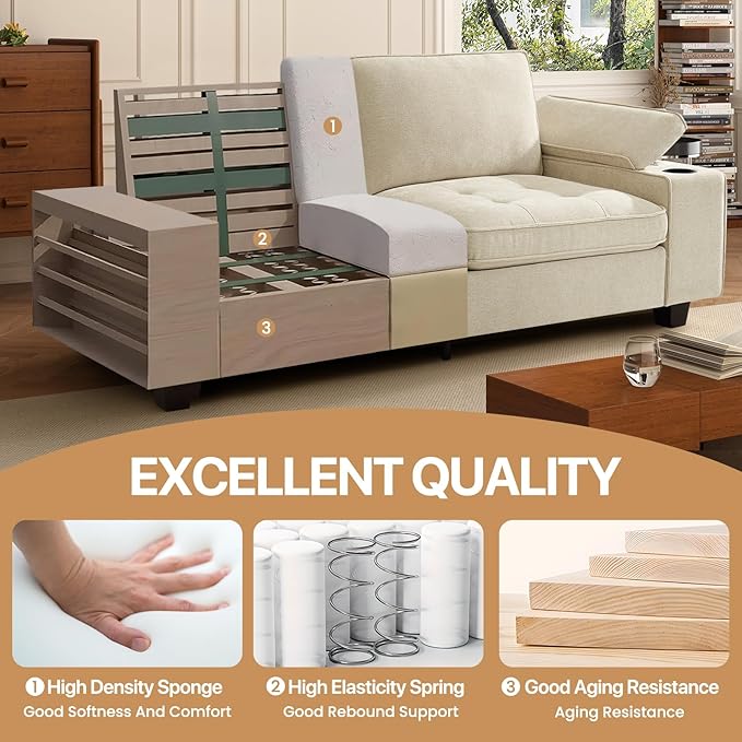 84" Loveseat for Living Room,Modern Chenille Upholstered 2-Seater Loveseat Couch for Apartment,Solid Wood Sofa with Adjustable Storage Armrest,Cup Holders,USB & Type-C Ports(Beige)