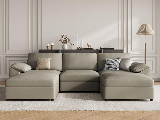 EASE MOOSE Oversized Modular Sofa with Deep Seat,Extra Large Sectional U Shaped Couch for Living Room,Comfy Scratch Resistant Faux Leather Material,Modern Sofas with Ottoman,Light Grey