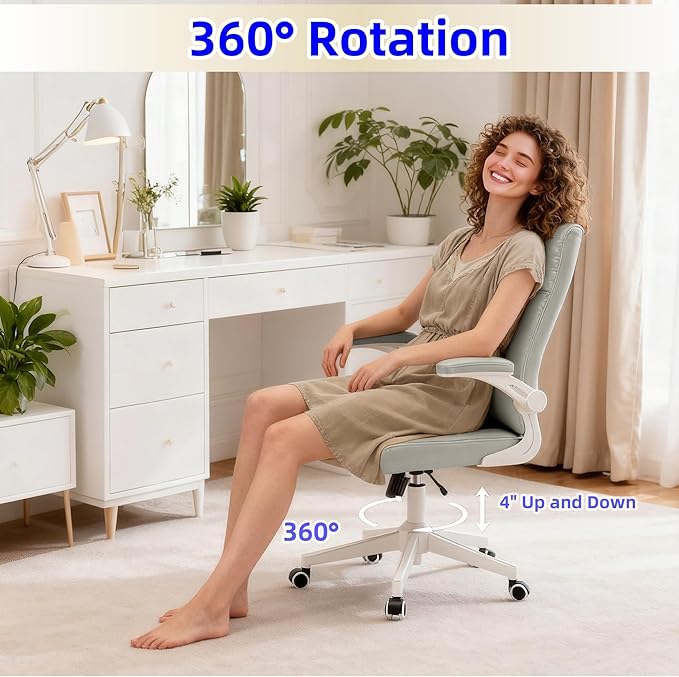 Ergonomic Home Office Desk Chair with Space Saving Flip-Up Arms, 360° Swivel & Reclining Back, High-Back Executive Chair in Soft Faux Leather Chair Multi-Angle from 90° to 135°（Gray）