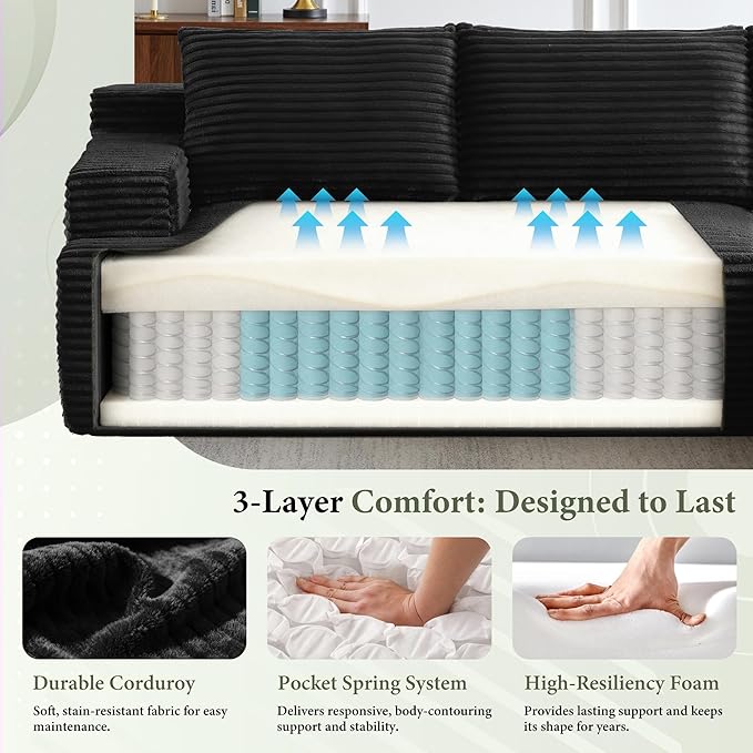 96''Sectional Couches for Living Room,Modern Modular Sectional Sofa,Upholstered Boneless Couch with Pockets,Comfy Cloud Couch with L Shaped Chaise(Black, 96''W Right Facing Chaise)