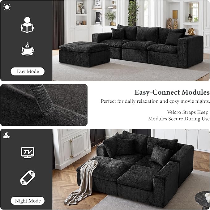 108" Sectional Couches for Living Room Boneless Couch Upholstered Cloud Couch Sectional Modular Sectional Sofa with L Shaped (Chenille-Black, 3 Seat+1 Ottoman)
