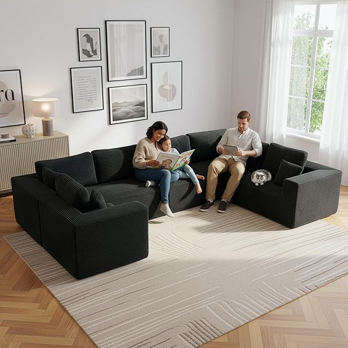 Modular Sectional Cloud Couch for Living Room,Modern Boneless Couche Set with Plush Corduroy,Comfy Floor Sofa with Memory Foam,Stupendous U Shaped Sofa,No Assembly Required,Black