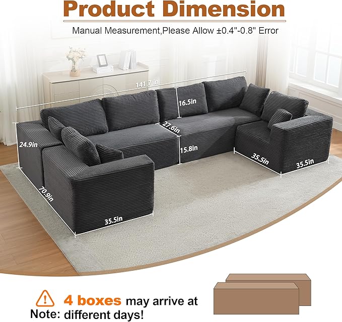 Modular Sectional Cloud Couch for Living Room,Modern Boneless Couche Set with Plush Corduroy,Comfy Floor Sofa with Memory Foam,Stupendous U Shaped Sofa,No Assembly Required,Grey