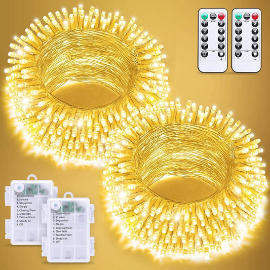 JMEXSUSS 2 Pack Battery Operated String Lights with Remote, Total 66ft 200 LED Battery Christmas Lights Outdoor Indoor, Twinkle Light for Christmas Tree Bedroom Porch Garland Yard Decor (Warm White)