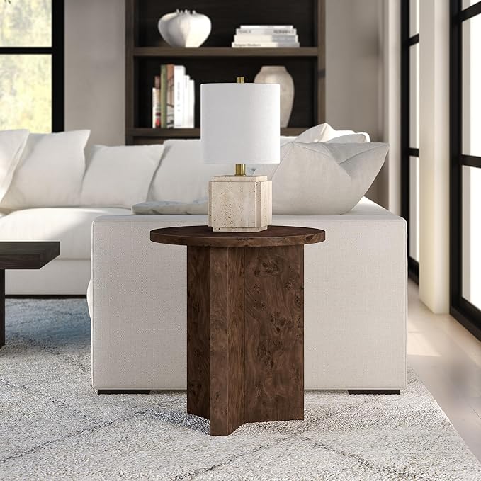 Henn&Hart 20" Scandinavian Round Wooden End Table, Side Table, Nightstand with X-Base for Living Room, Office, Family Room, or Bedroom, Espresso Burl