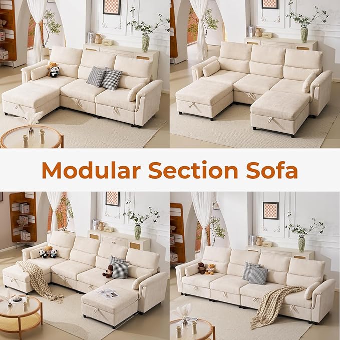 132'' Oversized Modular Sectional Sofa, U Shaped Cloud Couch with Large Storage, Extra Deep Seat, Modern Chenille Sofa with Chaise, 6 Seat Convertible Couches for Living Room, Beige
