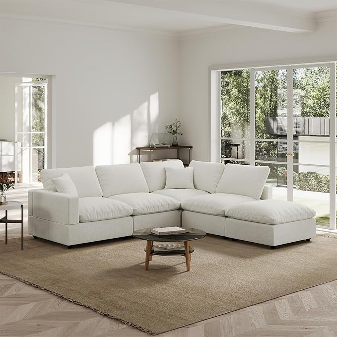 Modern Sectional Linen Couch for Living Room V-Shape Sofas,5 Seat Modular Cloud Sofas,Couches Cushion Covers Removable,Cozy Feather Down Sofa for Apartment Cream White