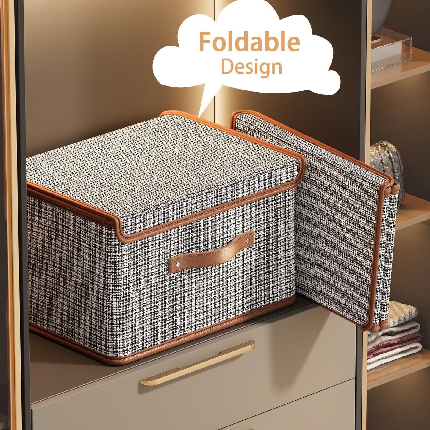 Tuza 2 Pack Storage Bins with Lids, Collapsible Closet Organizer Container, Fabric Organizer Box with Handles, Decorative Storage Boxes with Lids for Organizing Clothes, Blanket, Light Grey, Medium