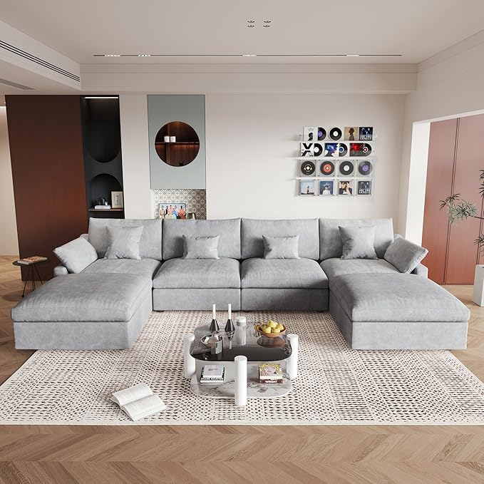JACH U-Shaped Sectional Couches for Living Room, Cloud Sectional Couch with Deep Seat, 155.9" Modular Sofa with Chaise, Covers Removeable & Washable, Sofas Furniture for Living Room, Light Grey