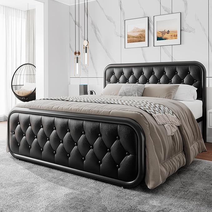 Einhomn® Queen Size Metal Bed Frame with Button Tufted Leather Upholstered Headboard and Footboard, U-Shape Support Foundation, No Box Spring Required, Black