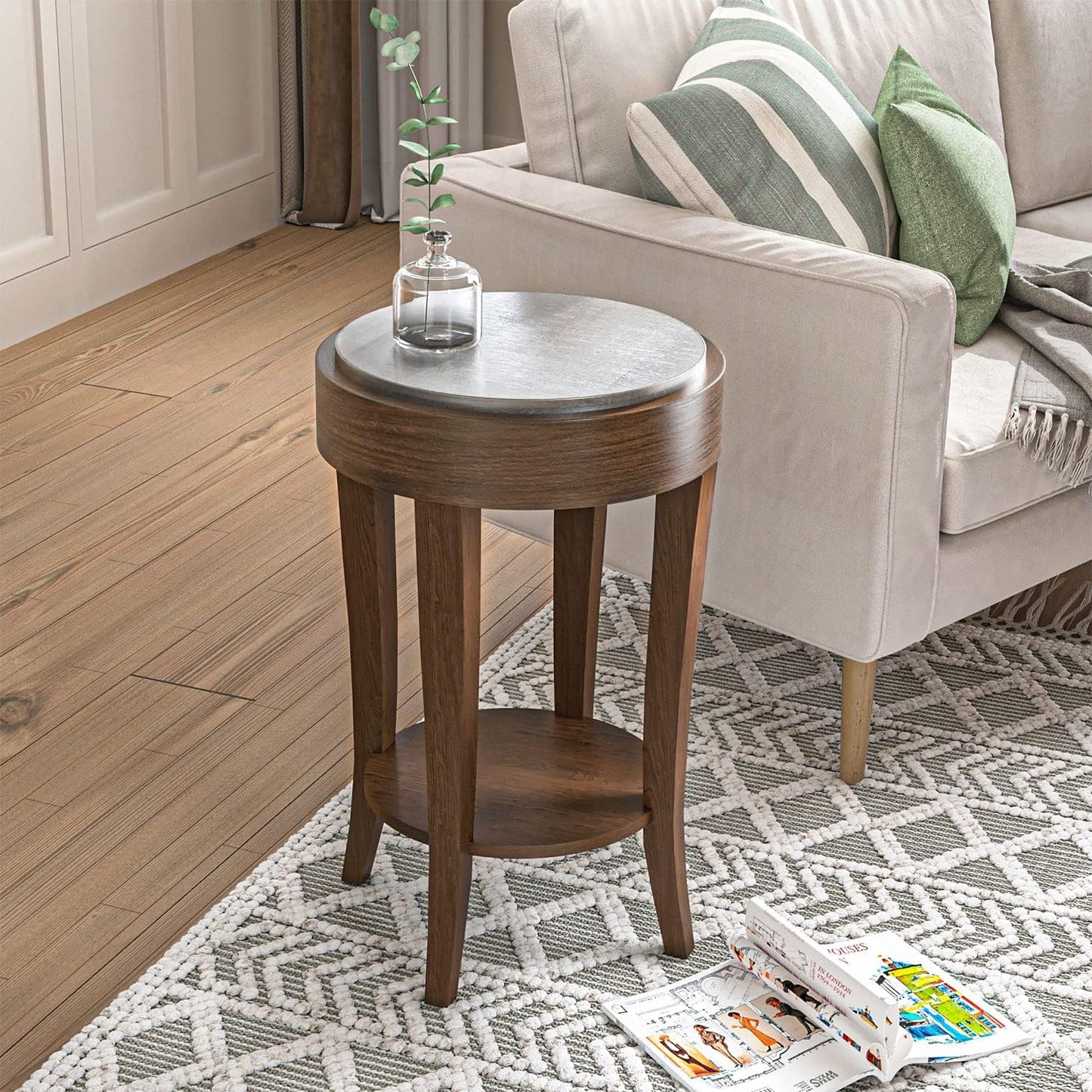 COSIEST Round End Table, 2-Tier Classic Brown Side Table, Farmhouse Wood Accent Table with Storage Shelf for Living Room, Bedroom, Office, Distressed Glaze Finish