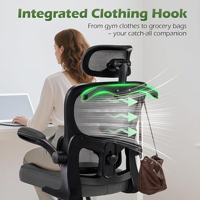 Office Chair Ergonomic Desk Chairs with Adjustable Lumbar Support& Headrest Hanger, High Back Breathable Mesh Chair with Wheels, Rolling Swivel Comfy Task Computer Chair for Home Work Gaming