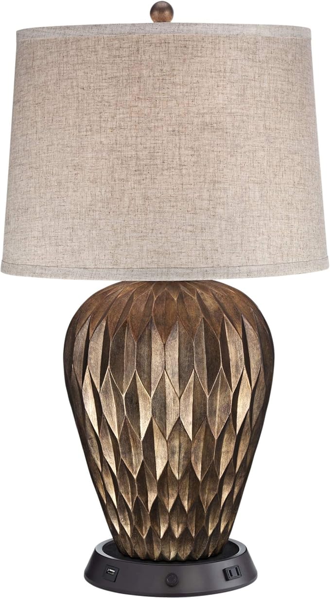 Possini Euro Design Buckhead Modern Table Lamp with Dimmable USB Workstation Charging Base Geometric 28" Tall Bronze Tapered Fabric Drum Shade for Living Room Bedroom House Bedside Nightstand Home