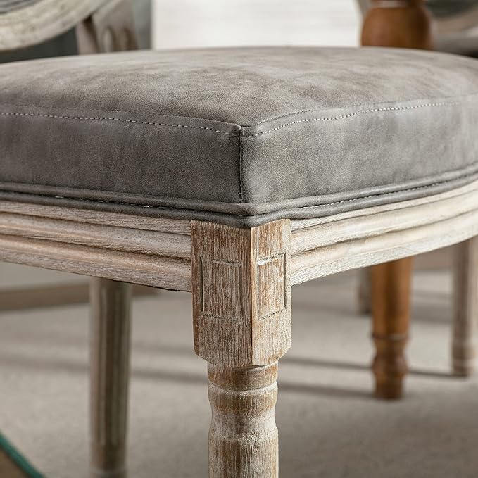 Farmhouse Leather Dining Room Chairs Set of 4 French Dining Chairs with Round Back, Wood Legs, French Bistro Chairs for Dining Room/Living Room/Kitchen/Restaurant, Grey
