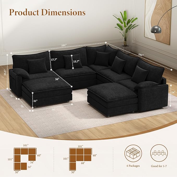 Vesgantti 108" V-Shaped Corner Couch Sectional, 7 Seat Customizable Modular Cloud Couches with Movable Ottoman, Chenille Deep Seat Sofa Set with Chaise for Living Room, Bedroom and Apartment, Black