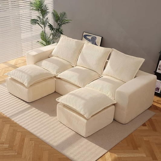 107" Comfy Cloud Couch with U-Shape Chaise & Deep Seat, Modular Sectional Sofa in a Box, Boneless Upholstered Couches for Living Room, No Assembly Required (Soft Corduroy, Beige)